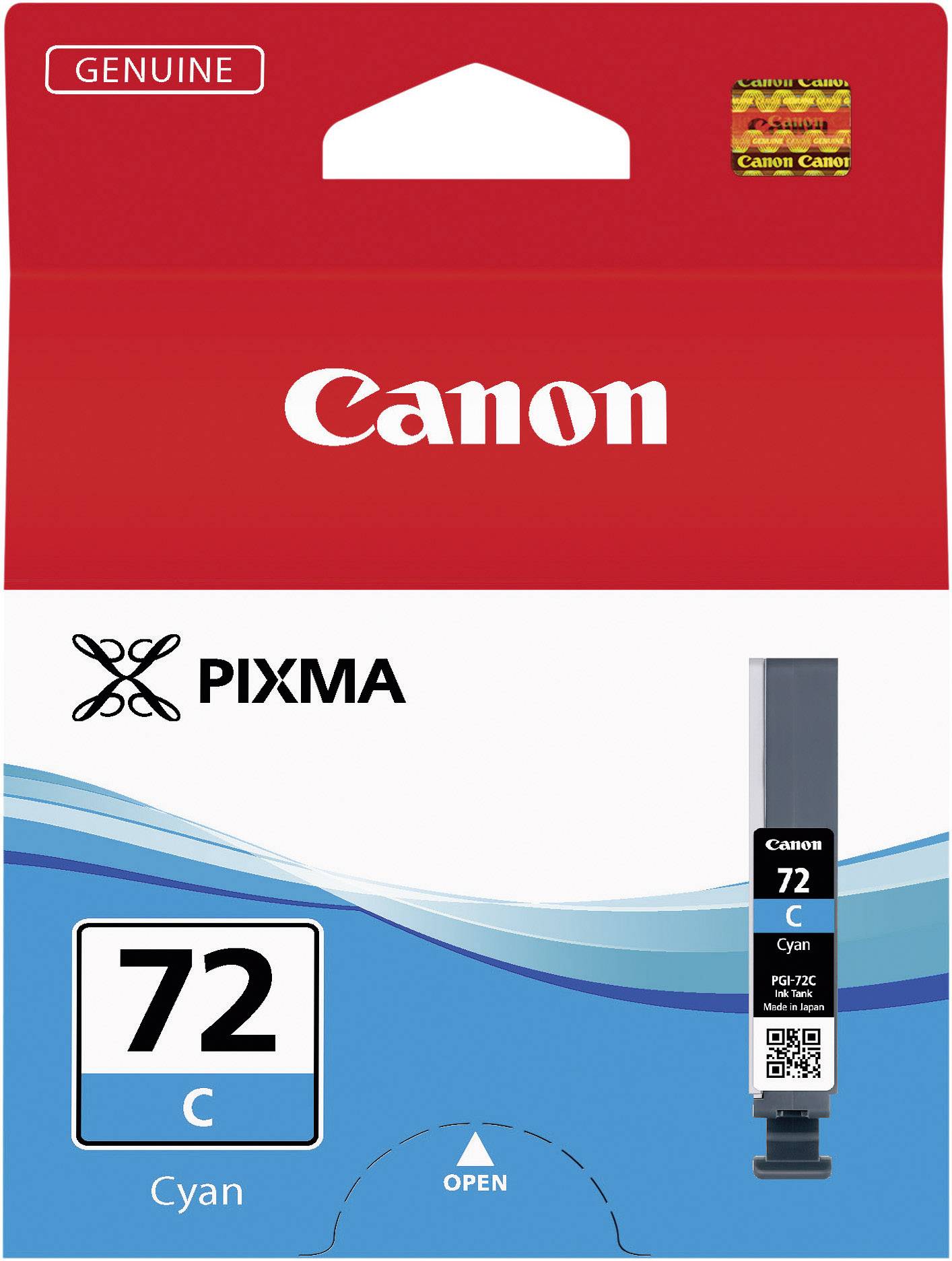 'Canon PIXMA 72 C Cyaan Inktcartridge Verpakking' met een rood bovenste deel en een blauw onderste gedeelte, toont de cartridge en het merkenlogo.