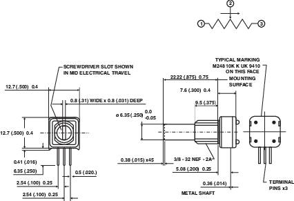 Technische tekening van een potentiometer met afmetingen, elektrische aansluitingen en schroevendraaiersleuven voor afstelling.