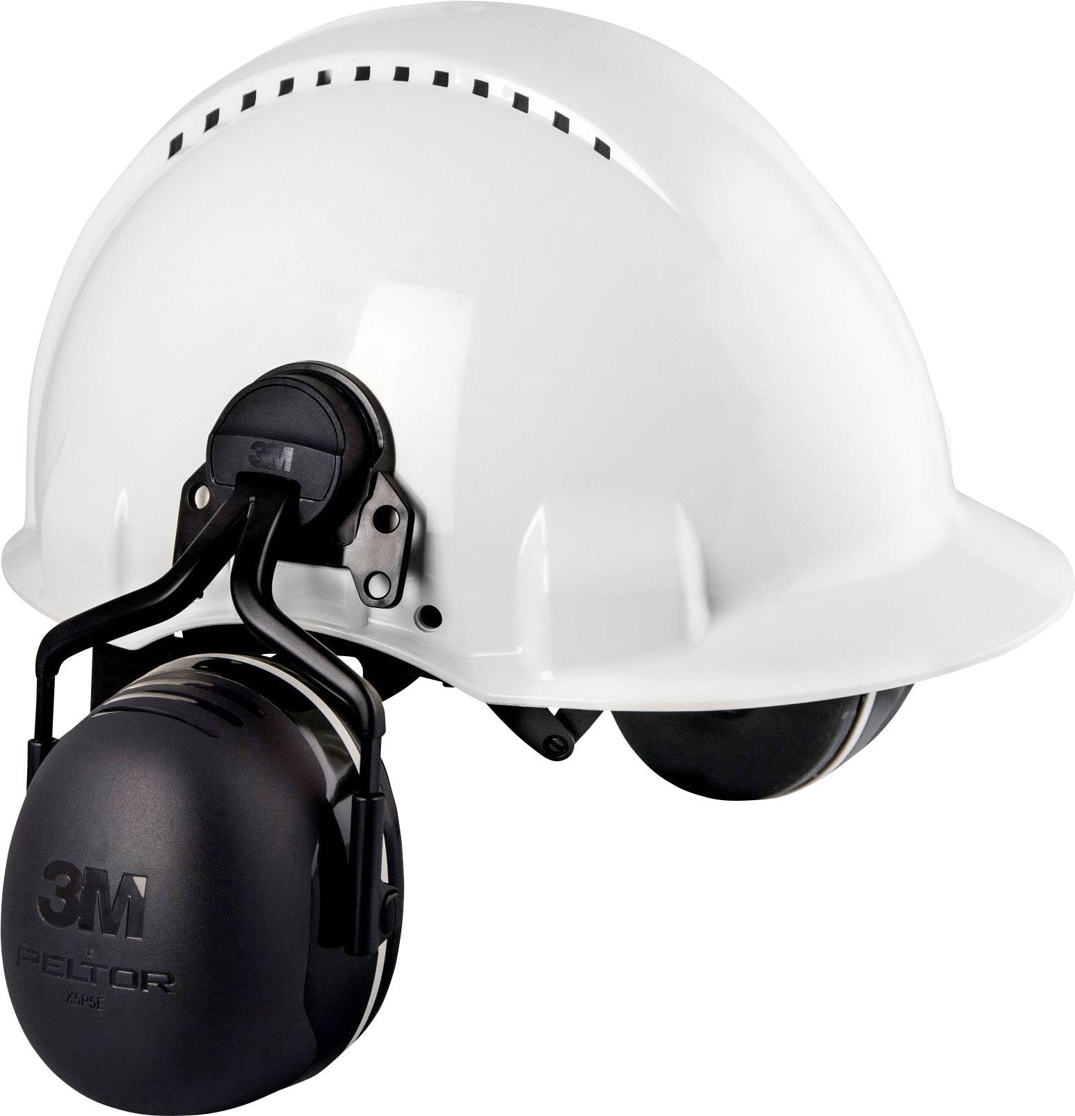 Witte veiligheidshelm met zwarte gehoorbeschermers, geschikt voor bouwplaatsen of lawaaierige werkomgevingen.