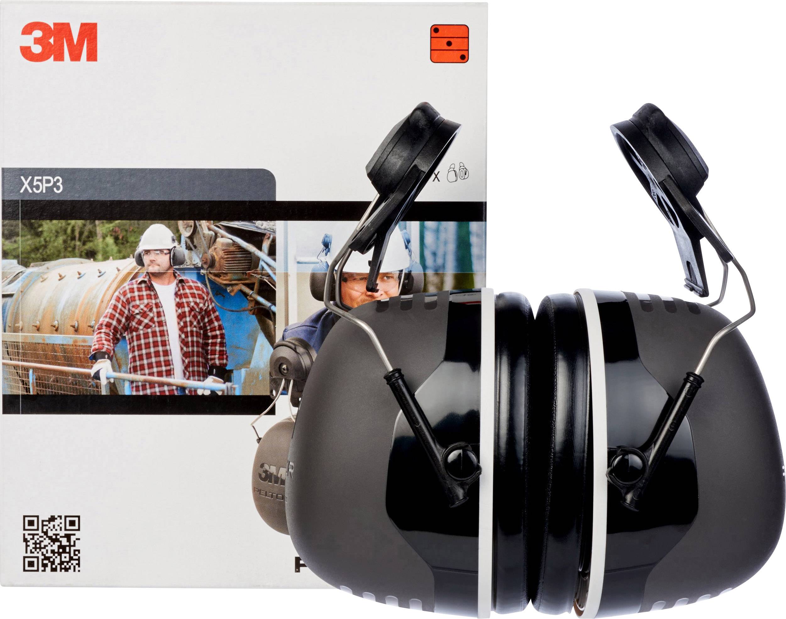 Zwarte gehoorbeschermers voor een verpakking met afbeeldingen van arbeiders die gehoorbescherming dragen. Markering '3M X5P3'.