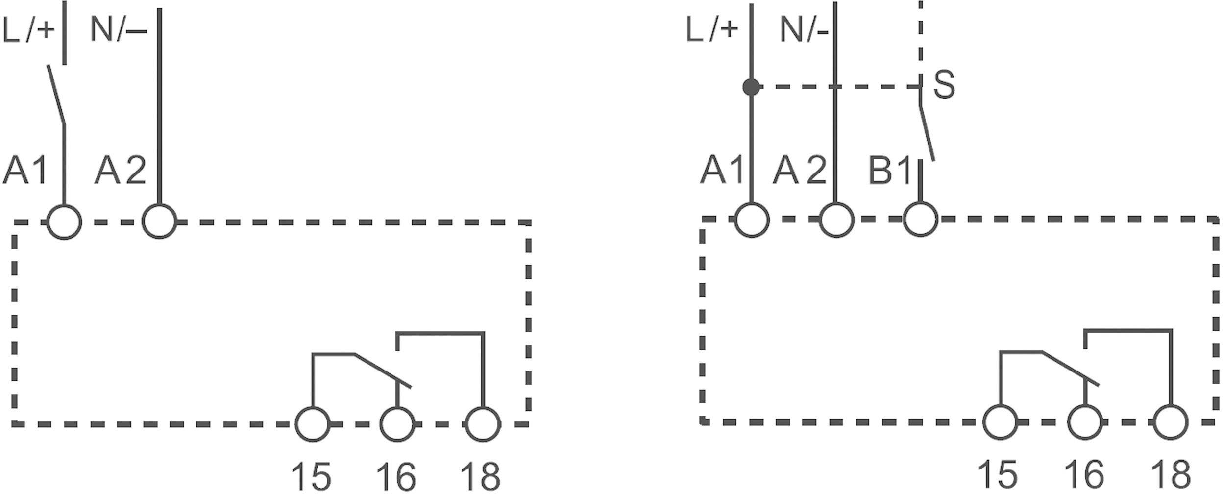 'Twee elektrische schakelschema's. Links toont de aansluiting op A1, A2, 15, 16, 18. Rechts toont een extra verbinding naar B1 en S-schakelaar.'