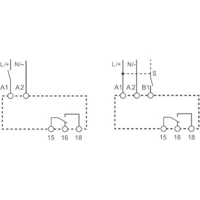'Twee elektrische schakelschema's. Links toont de aansluiting op A1, A2, 15, 16, 18. Rechts toont een extra verbinding naar B1 en S-schakelaar.'
