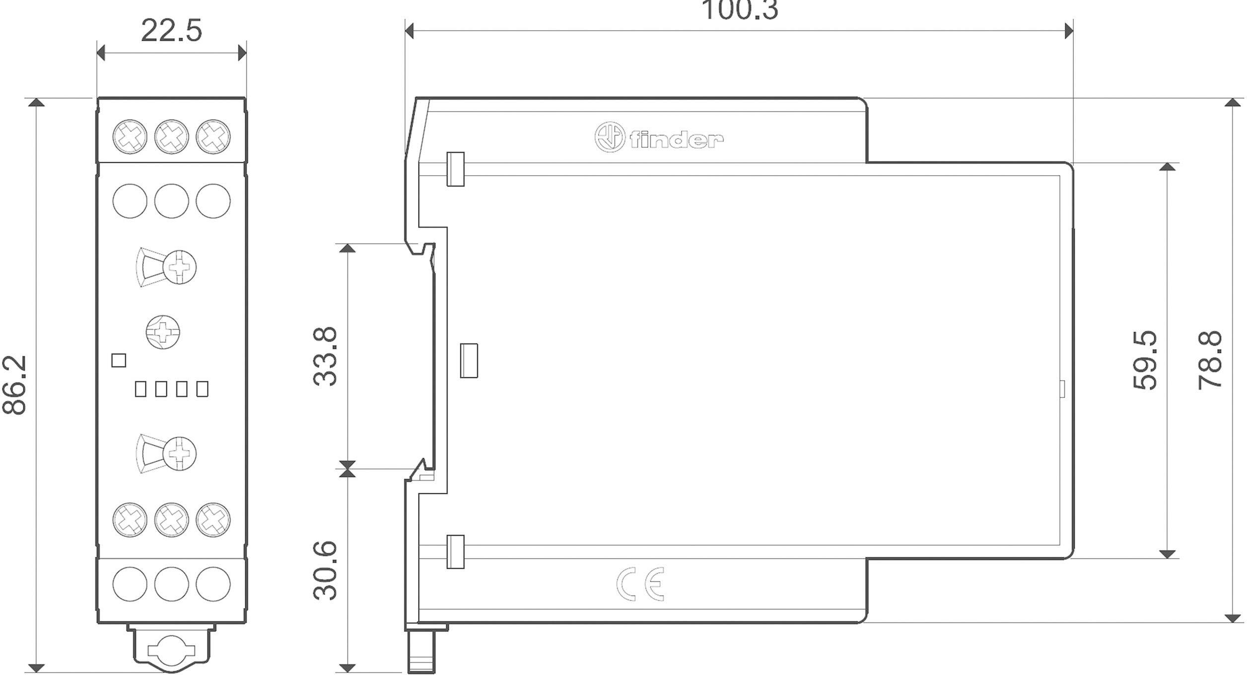 Technische tekening van een elektrisch apparaat met afmetingen: lengte 100,3 mm, hoogte 86,2 mm, breedte 22,5 mm. Zij- en bovenaanzicht.