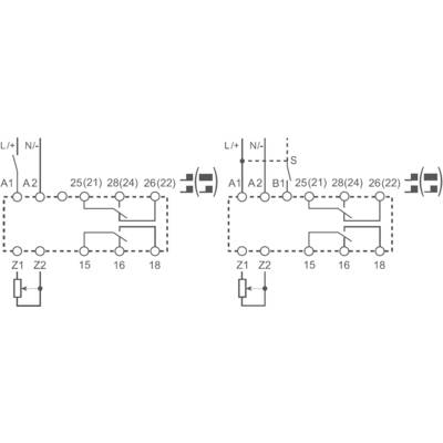Schakelschema met twee parallelle stroomkringen, schakelaars en relaisaanduidingen A1, A2, B1, Z1, Z2; verbindingen en elektrische symbolen.