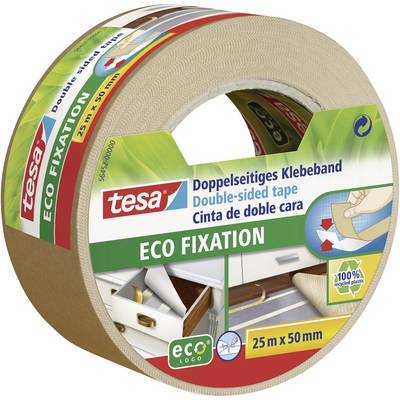 Rol dubbelzijdig plakband 'TESA Eco Fixation', 25m x 50mm, recyclebare verpakking, geschikt voor tapijtvloerinstallatie.