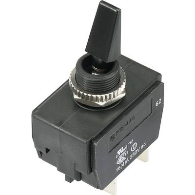Zwart-grijze tuimelschakelaar voor elektrische apparaten. Gemarkeerd met 'E-T-A', 'AAN/UIT', en elektrische specificaties '16(4)A 250V ac'.