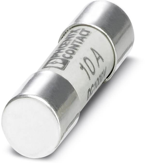 Een cilindrische zekeringpatroon met het opschrift '10 A' en 'DC 1000 V', met glanzende metalen uiteinden, liggend afgebeeld.
