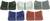 Vijf paar toetsen in verschillende kleuren: zwart, wit, grijs, blauw en rood. Elke toets heeft een geribde oppervlakte.