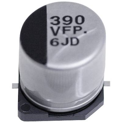 Zilveren elektrolytische condensator met zwarte markering bovenaan. Opschrift: '390 VFP. 6JD'. Elektronisch onderdeel voor spanningsstabilisatie.