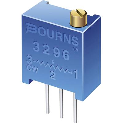 Blauw, verstelbaar weerstandselement met drie metalen pinnen en een schroef voor nauwkeurige afstelling; voorzien van de opdruk 'BOURNS 3296'.