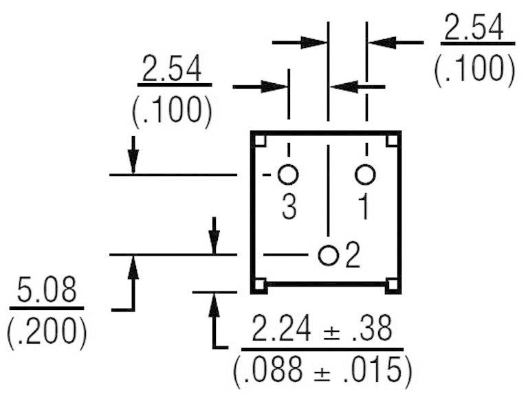 Technische tekening van een vierkant onderdeel met afmetingen: 2,54 mm x 2,54 mm, 5,08 mm verticaal, 2,24 mm ± 0,38 mm horizontaal.