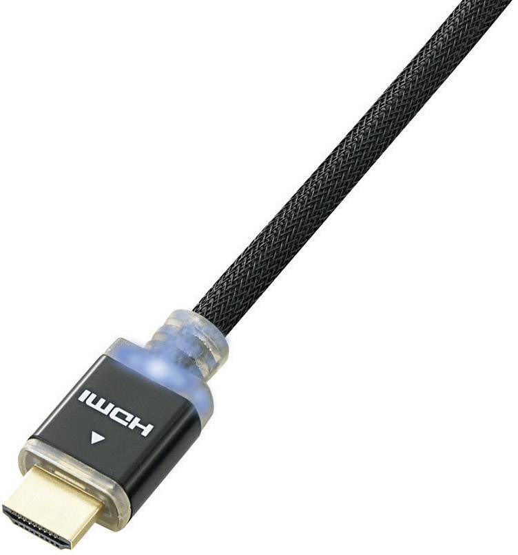 Een zwarte HDMI-kabel met een gouden stekker, gedeeltelijk zichtbaar. De stekker heeft de opdruk 'HDMI'.