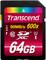 Een 64 GB SDXC-geheugenkaart van Transcend met snelheidsklasse 10, 90 MB/s en 600x op rode achtergrond.