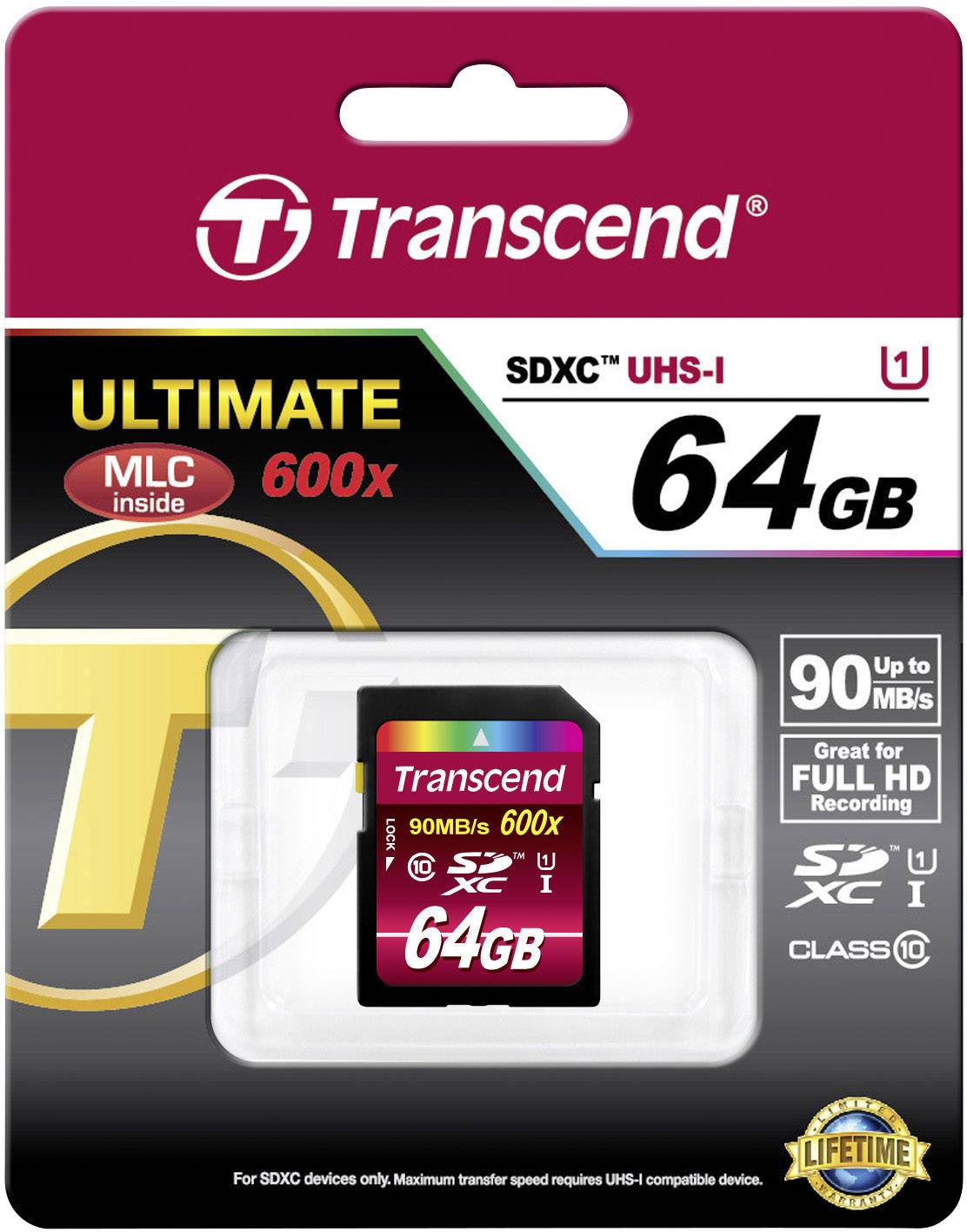 Transcend SDXC UHS-I geheugenkaart, 64 GB, 600x snelheid. Geschikt voor Full HD video, met 90 MB/s overdrachtssnelheid.