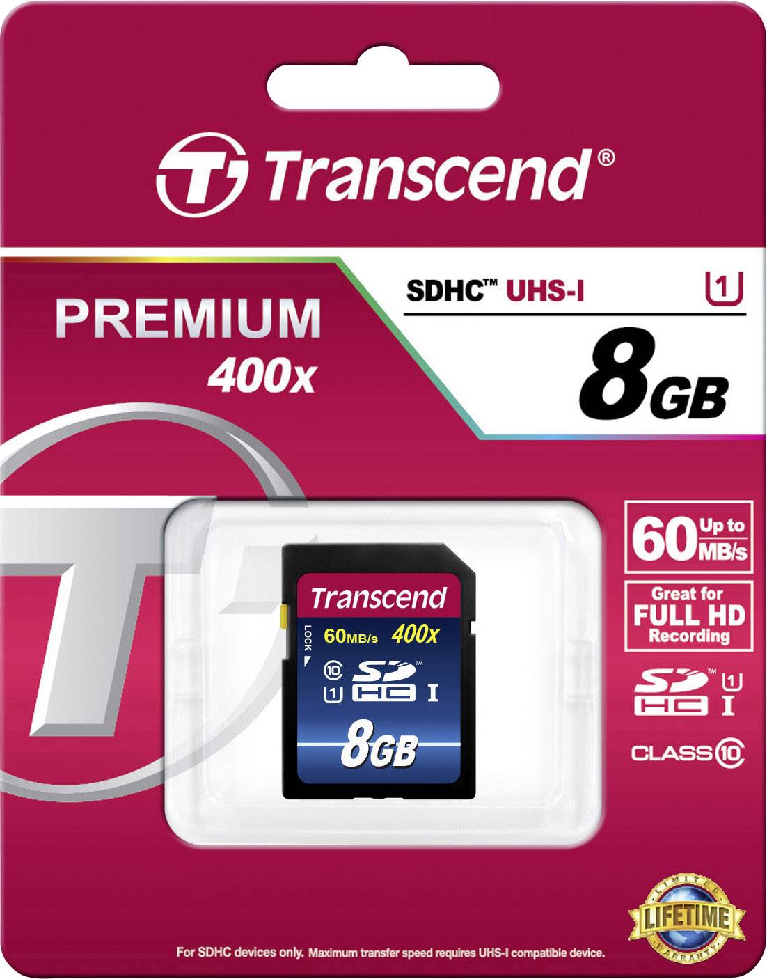 Transcend SDHC-geheugenkaart met 8 GB capaciteit. Geschikt voor Full-HD-opnamen. Snelheid tot 60 MB/s. Premium 400x-serie.
