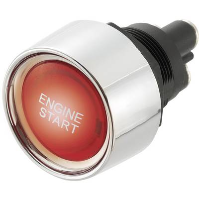 Rode knop met de tekst 'ENGINE START'. De knop wordt omringd door een metalen ring en wordt gebruikt om een motor te starten.