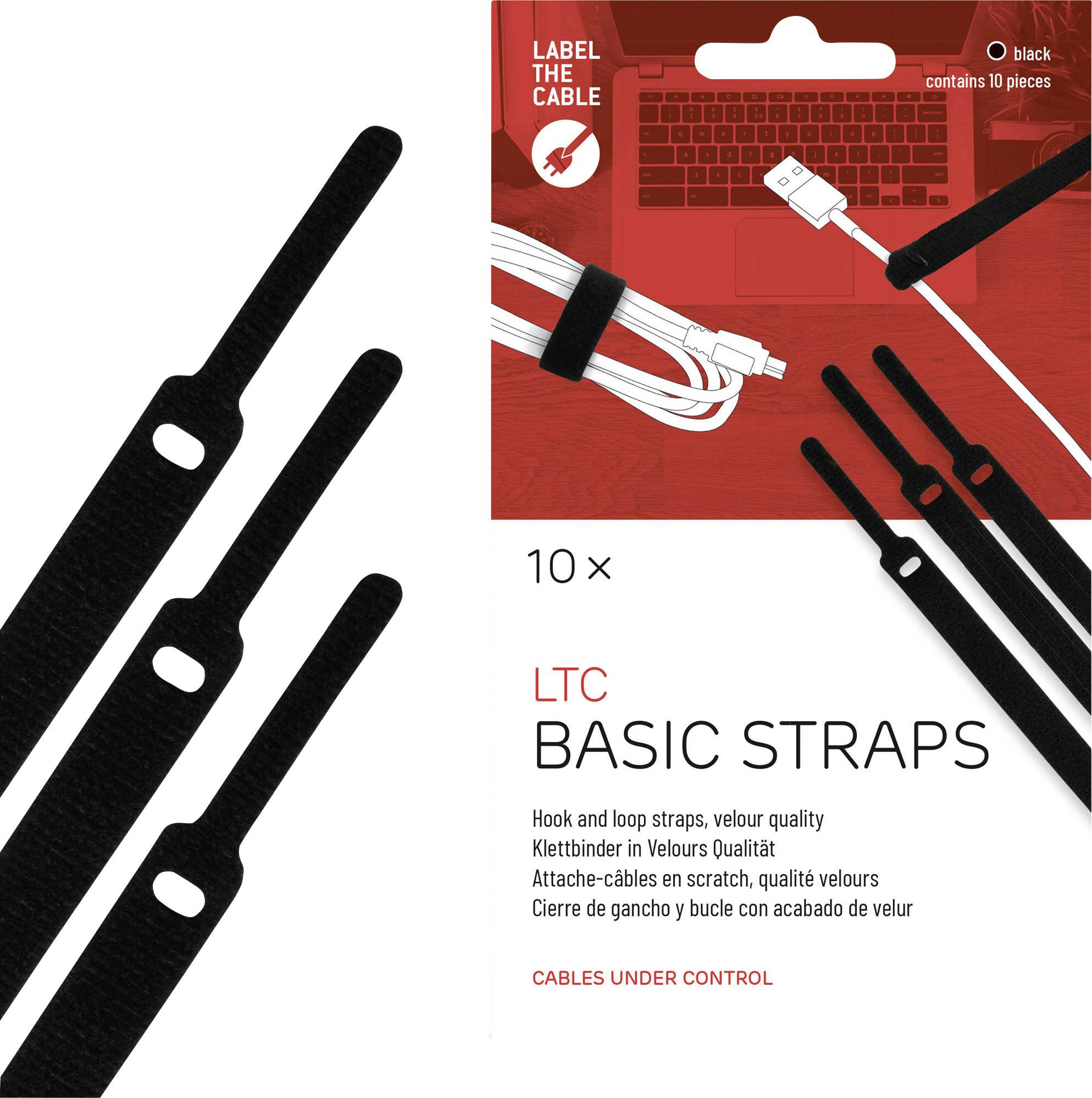 Verpakking van 'LTC Basic Straps' met klittenbandsluiting in het zwart, bevat 10 stuks. Geschikt voor kabelbeheer.