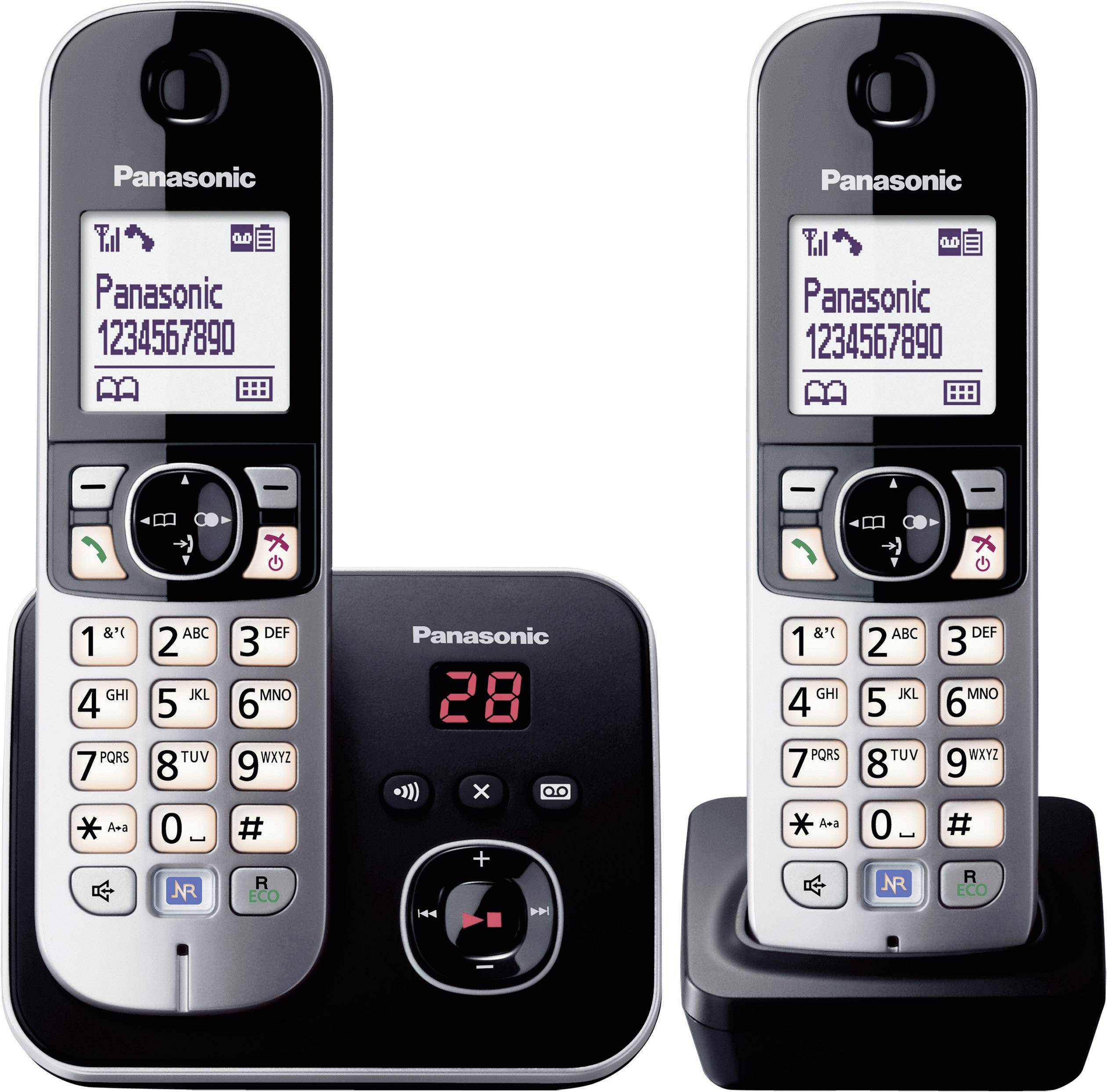 Twee Panasonic-telefoons met digitaal basisstation, toetsenbord, display met telefoonnummer. Antwoordapparaat toont '28.'
