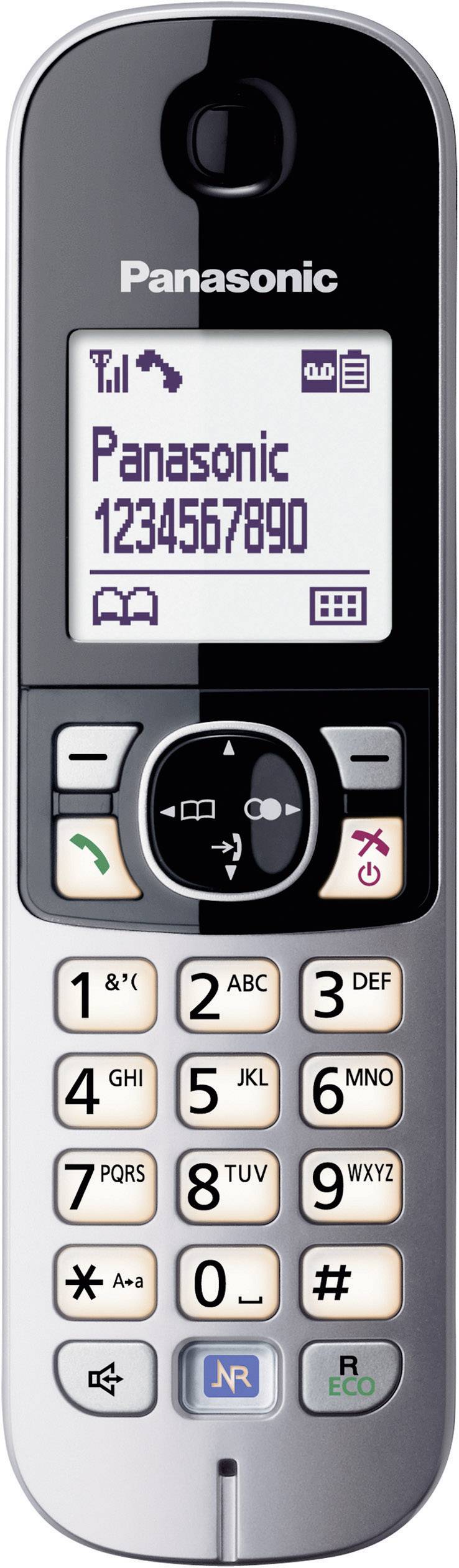 Draadloze telefoon met display toont 'Panasonic 1234567890'. Toetsenbord eronder, inclusief kiestoetsen en functietoetsen.