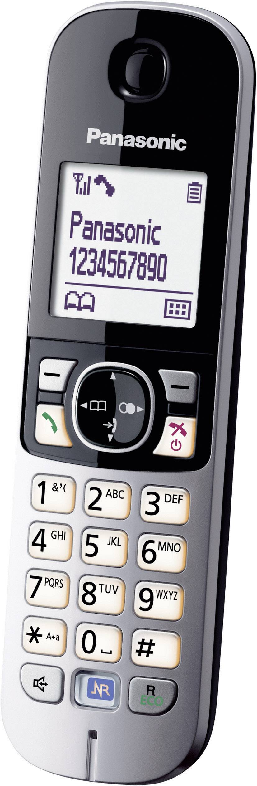 Draadloze telefoon met display. Toont 'Panasonic' en het nummer '1234567890'. Toetsen met cijfers en symbolen eronder.