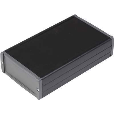 Rechthoekige, zwarte elektronicabehuizing met zilveren randen, geschikt voor de bescherming van elektrische of elektronische apparaten.