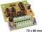Een groene printplaat met verschillende elektronische componenten, zoals weerstanden, IC's en condensatoren, met afmetingen van 73 x 80 mm.
