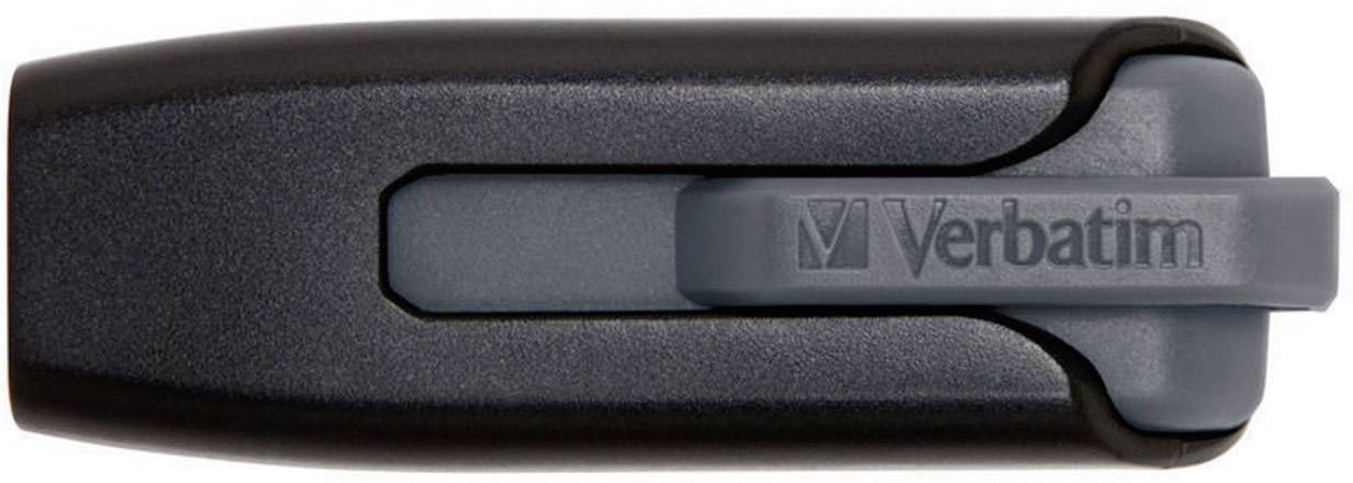 Zwarte USB-stick van bovenaf gezien, merk Verbatim, met grijze schuifdeksel.
