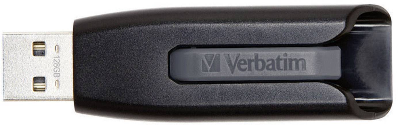 USB-stick van Verbatim met een capaciteit van 128 GB, vervaardigd uit zwart kunststof.