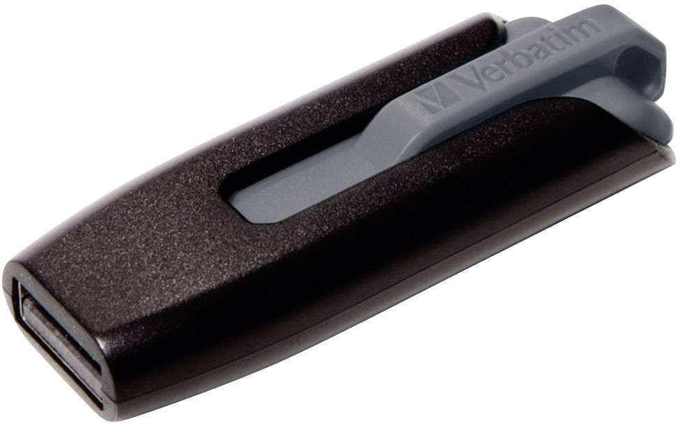 Een zwarte USB-stick met een grijze schuifdeksel en het opschrift 'Verbatim' bovenop.