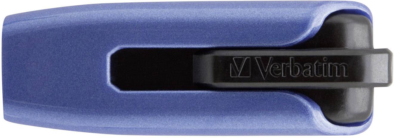 Een blauwe USB-stick van Verbatim, met een zwart schuifmechanisme en 'Verbatim'-logo, liggend op een gladde oppervlakte.
