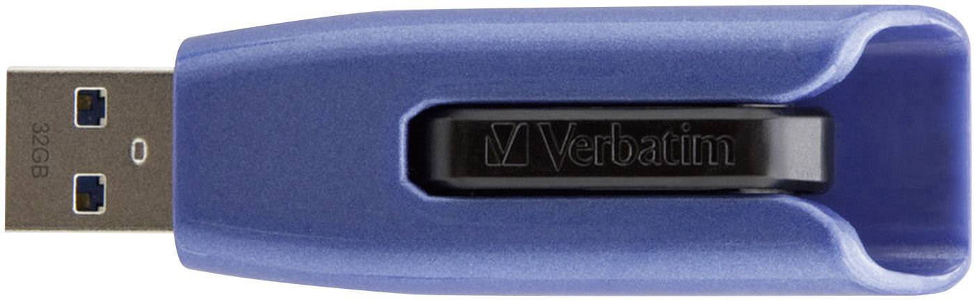 Een blauwe USB-stick van Verbatim met een zwarte middenbaan, USB 3.0-interface, geschikt voor gegevensopslag en -overdracht.
