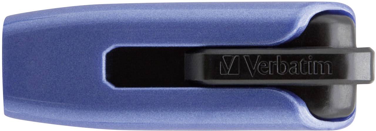 Blauwe USB-stick van Verbatim, rechthoekig met een glanzende oppervlakte.