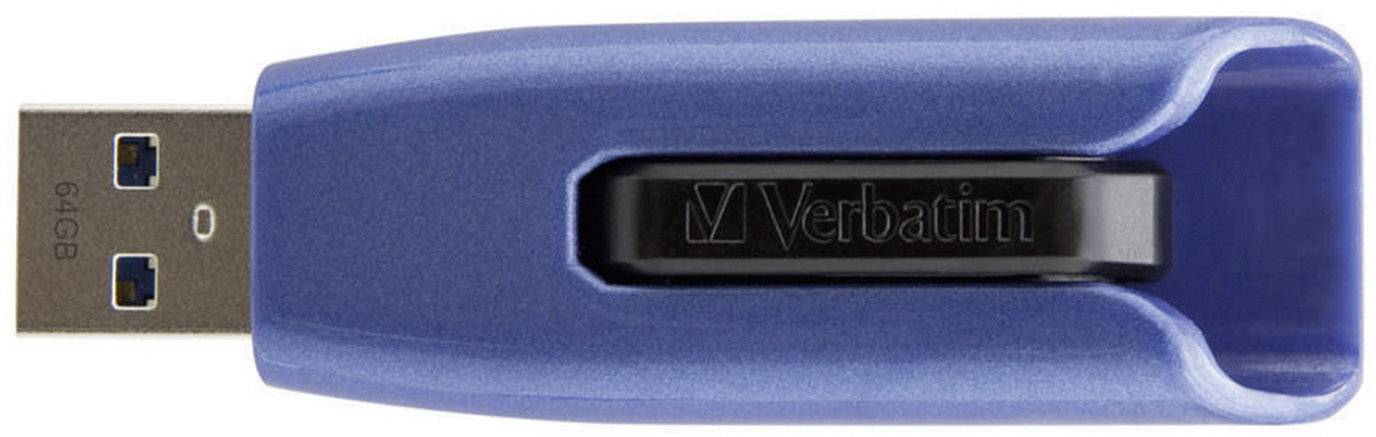 Blauwe USB-stick met metalen aansluiting, gemarkeerd met 'Verbatim' in het midden. Geschikt voor opslag en gegevensoverdracht.