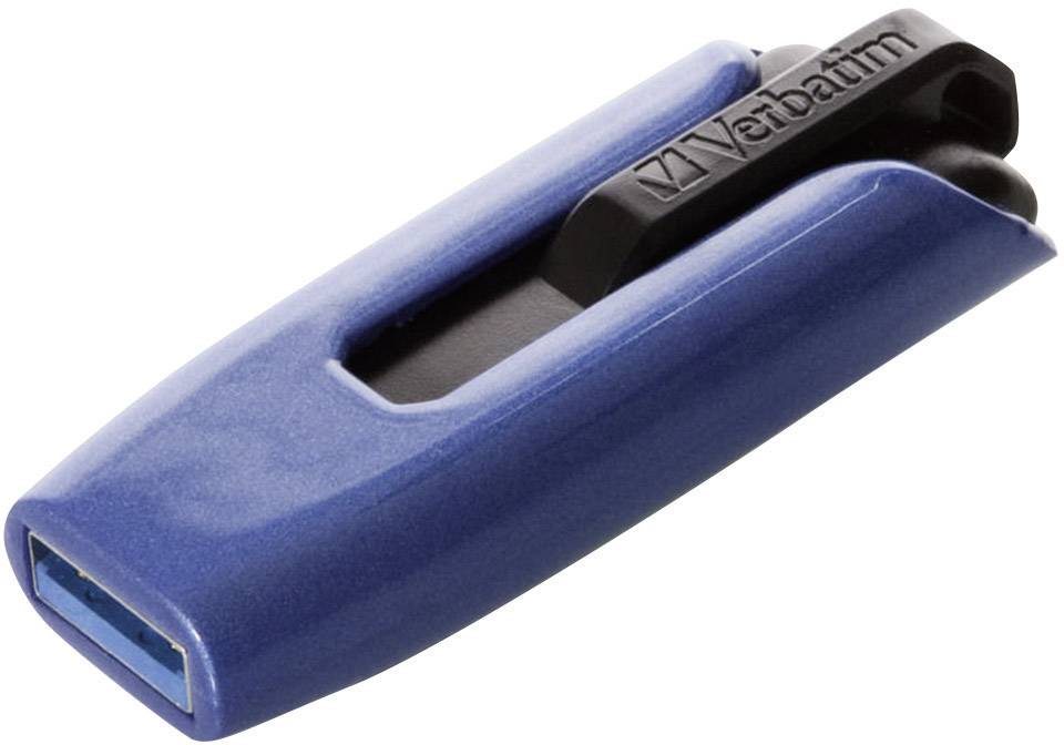 Blauwe USB-stick met zwarte schuif, merknaam zichtbaar. Hoofdfunctie: opslag en overdracht van digitale gegevens.