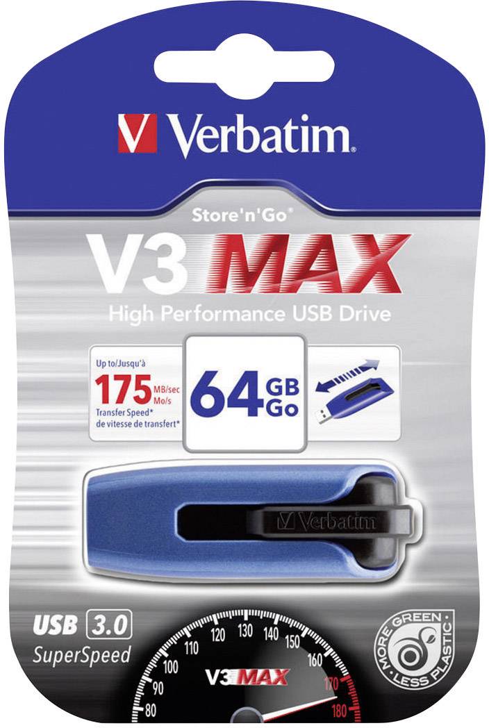 USB-stick verpakking van Verbatim, model 'V3 MAX' met 64 GB. Toont prestatie van '175 MB/s' en USB 3.0-compatibiliteit.