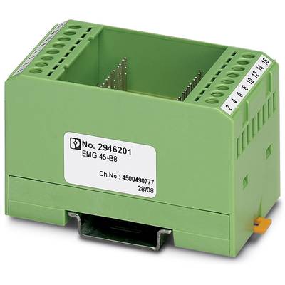 Groen elektrische module met opschriften en aansluitingen aan de bovenkant, met de tekst 'No. 2946201 EMG 45-B8'.