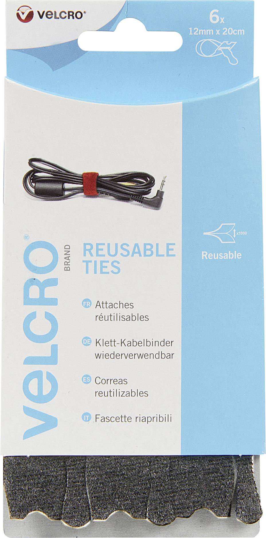 Verpakking voor herbruikbare klittenband kabelriemen, merk Velcro. Bevat zes kabelriemen, 12 mm x 20 cm, zwart, meertalige beschrijving.