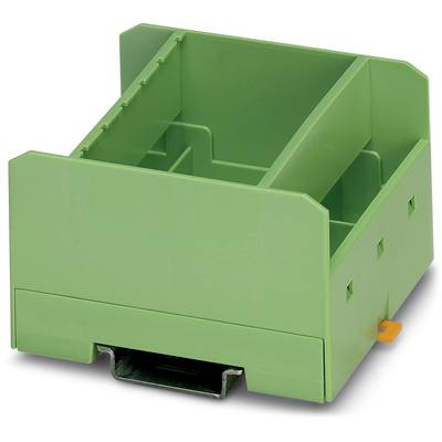 Groen kunststof behuizing met meerdere compartimenten. Het wordt gebruikt voor montage op DIN-rails, meestal voor elektronische componenten.