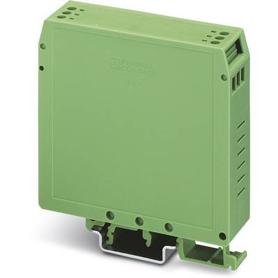 Groen elektrisch apparaat in rechthoekig formaat, gemonteerd op een metalen rail. Het betreft een component van de besturingstechniek.