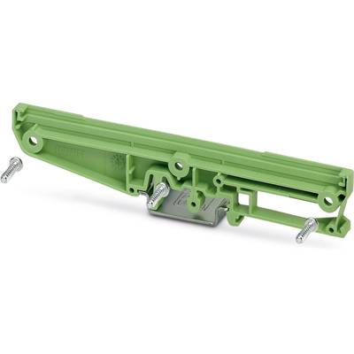 Groen kunststof onderdeel met geïntegreerde metalen clip en drie zilveren schroeven. Waarschijnlijk een bevestigingsonderdeel.