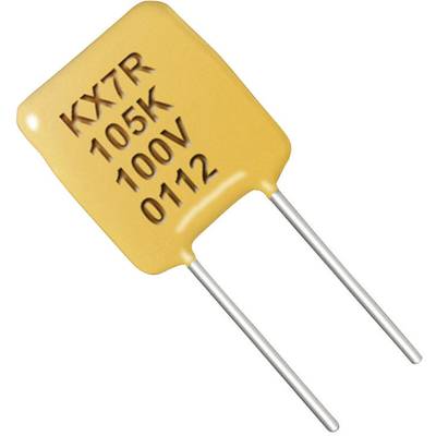 Afbeelding van een gele keramische condensator met opschrift 'KX7R 105K 100V 0112'. Twee aansluitdraden steken uit.
