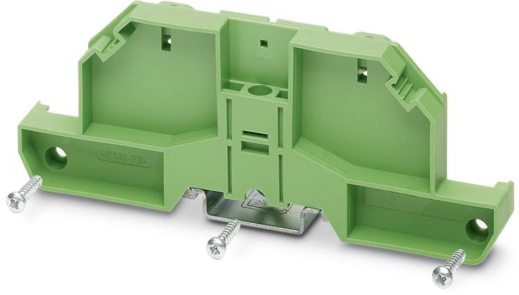 Groene DIN-railklemadapter met drie schroeven, voor het bevestigen van elektrische componenten in schakelkasten.