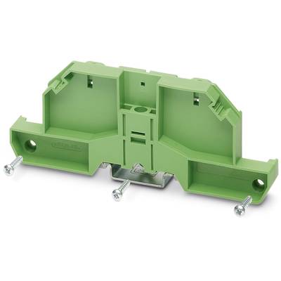 Groene DIN-railklemadapter met drie schroeven, voor het bevestigen van elektrische componenten in schakelkasten.