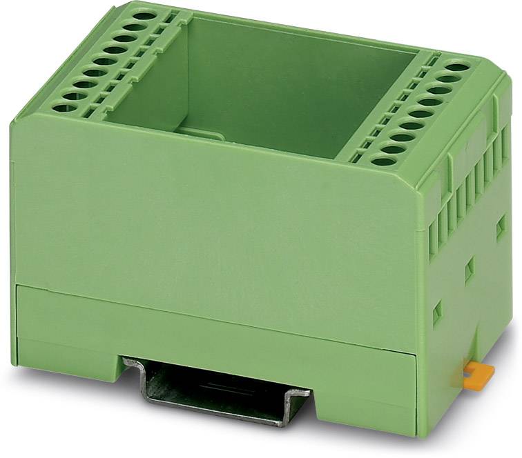 Groen kunststof behuizing voor elektronische componenten met meerdere aansluitingen, monteerbaar op een DIN-rail.