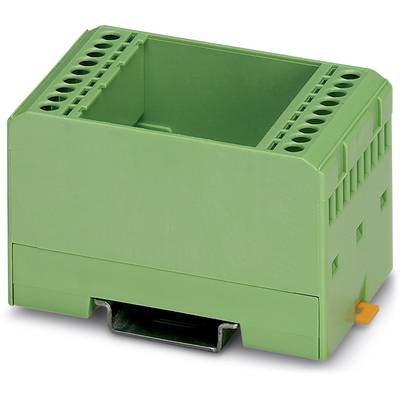 Groen kunststof behuizing voor elektronische componenten met meerdere aansluitingen, monteerbaar op een DIN-rail.