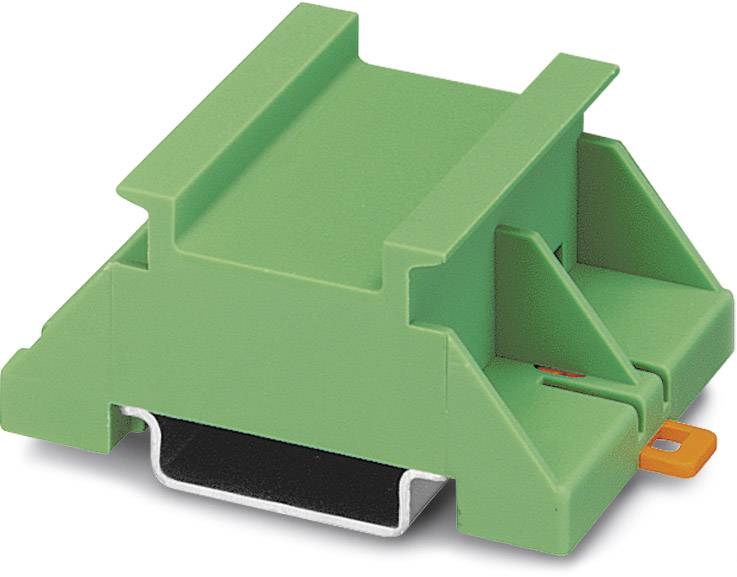 Groen kunststof onderdeel, rechthoekig met zijdelingse geleiders, op een trapeziumvormige basis. Gebruikt voor elektronische montage.