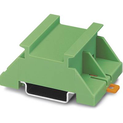 Groen kunststof onderdeel, rechthoekig met zijdelingse geleiders, op een trapeziumvormige basis. Gebruikt voor elektronische montage.