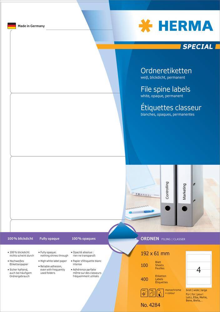 Herma Ordneretiketten 4284 61 x 192 mm Papier Wit Permanent hechtend 400 stuk(s)-0