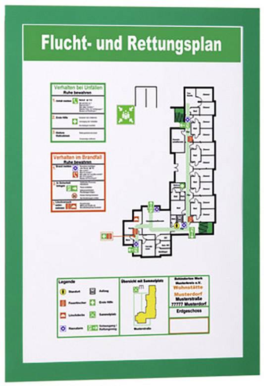 Vlucht- en reddingsplan: Plattegrond van het gebouw met gemarkeerde vluchtroutes, nooduitgangen en verzamelpunten. Noodinstructies en symbolen worden uitgelegd in de legenda.