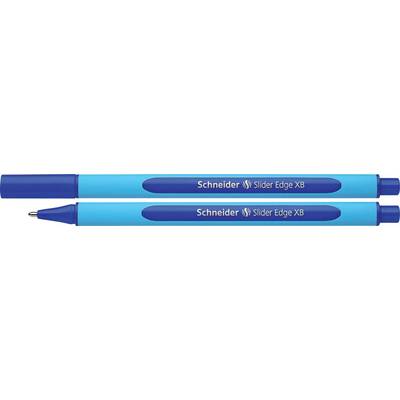 Twee blauwe balpennen met 'Schneider Slider Edge XB' opschrift, een met een afgesloten dop en een met de punt zichtbaar.